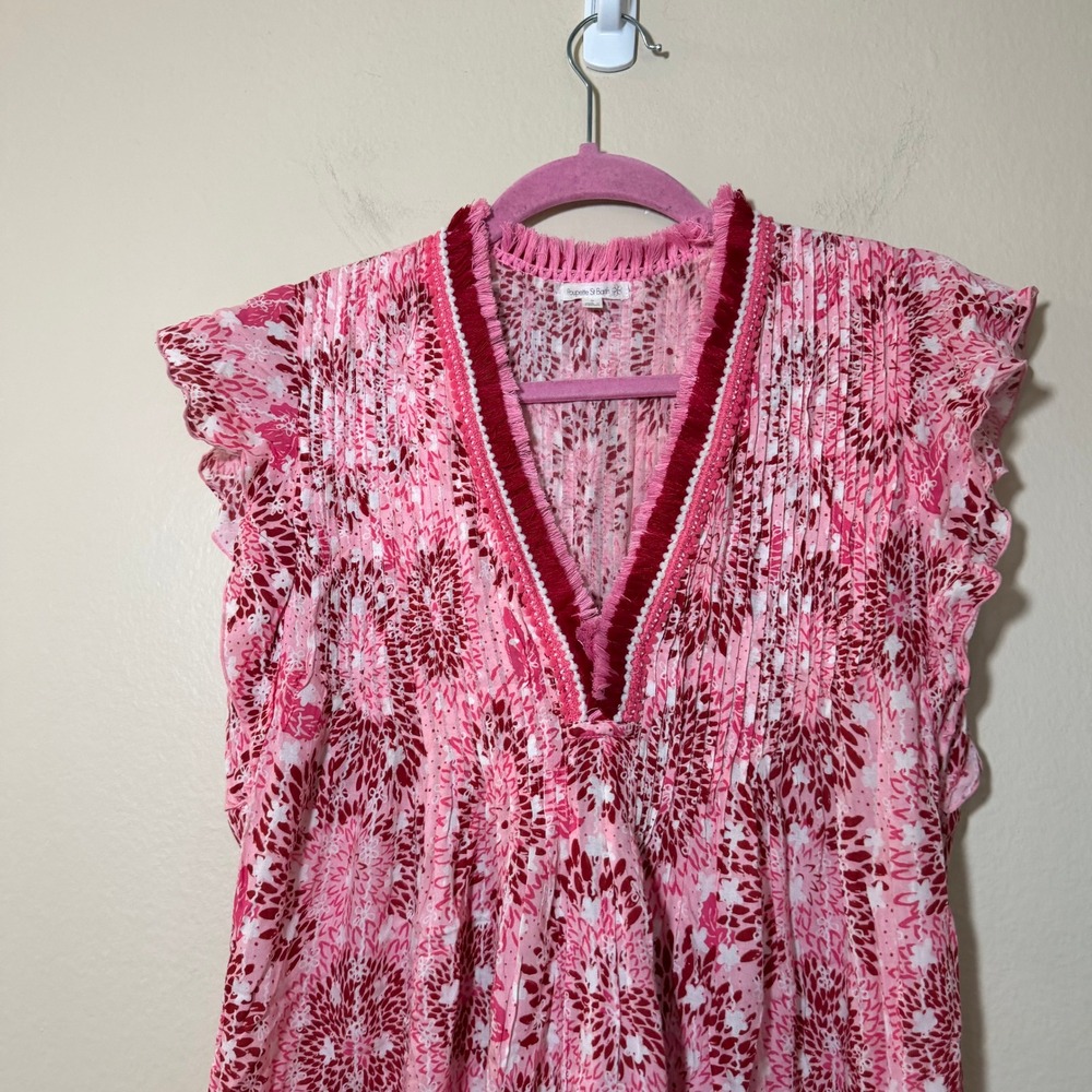 Poupette St. Barth Sasha Dress Pink Red Floral Pintuck Dress Small Boho Resort - Picture 6 of 9